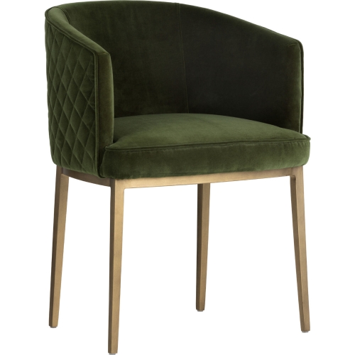 Cornella Dining Arm Chair in Forest Green Fabric & Brass